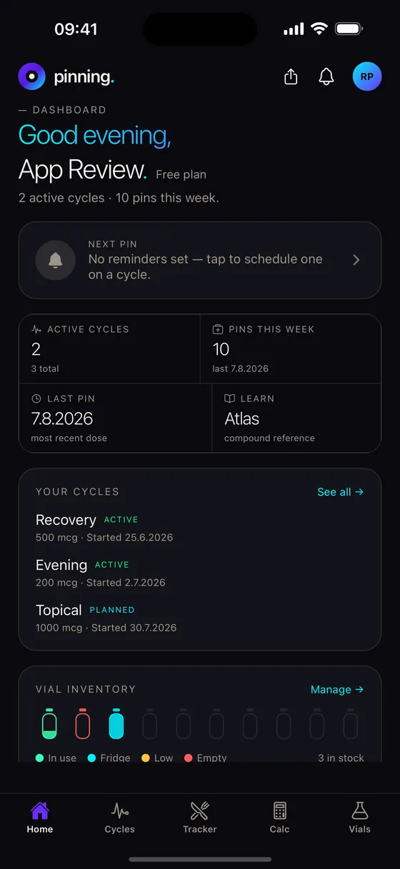 The pinning dashboard: what is due, the last dose, and the vials still in play